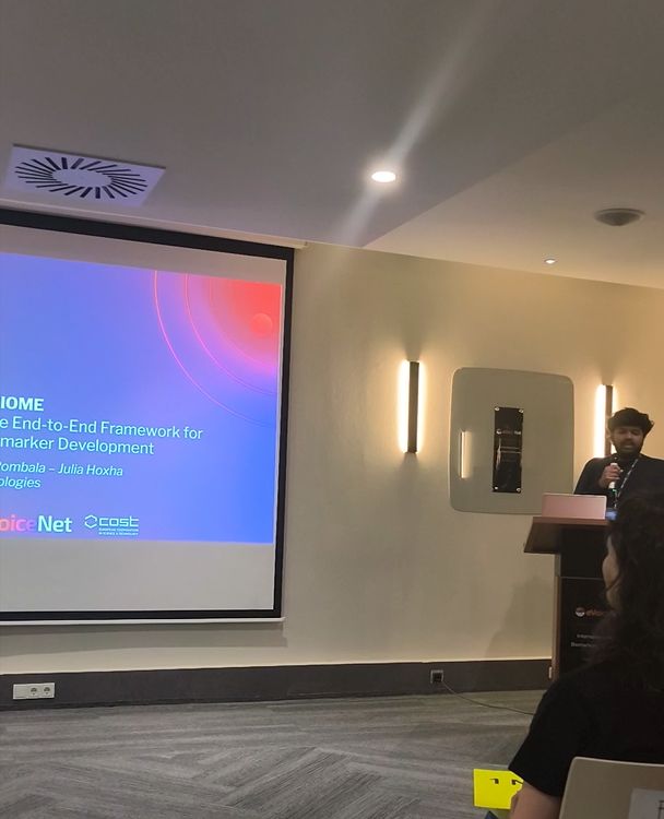 Prashanth Pombala presenting the VOICE-BIOME platform at the eVoiceNet conference
